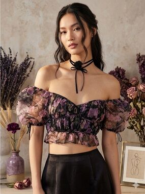 For Love & Lemons Sunshine Floral Puff Sleeve Crop Top Black Pink XS NWT
